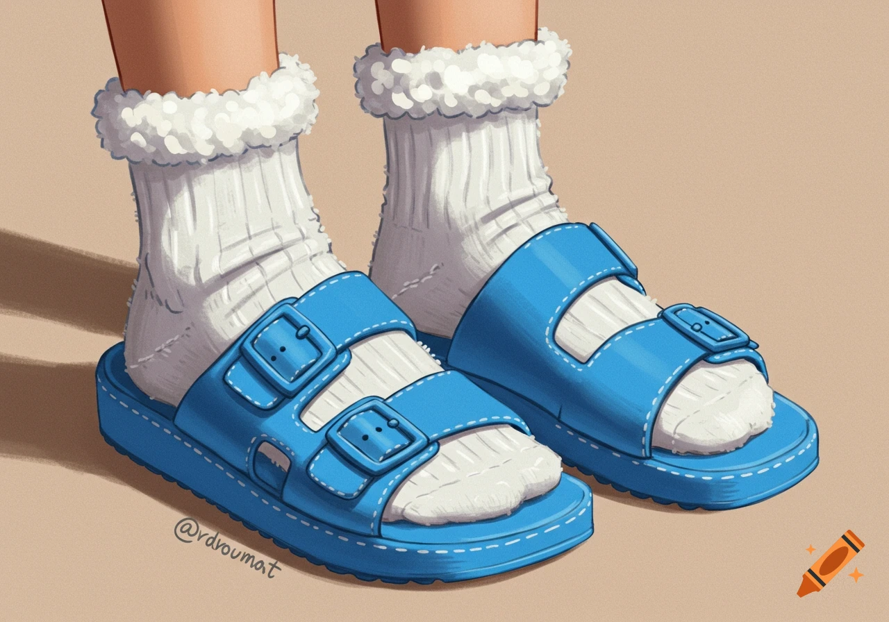 Feet wearing white fuzzy socks and blue sandals.