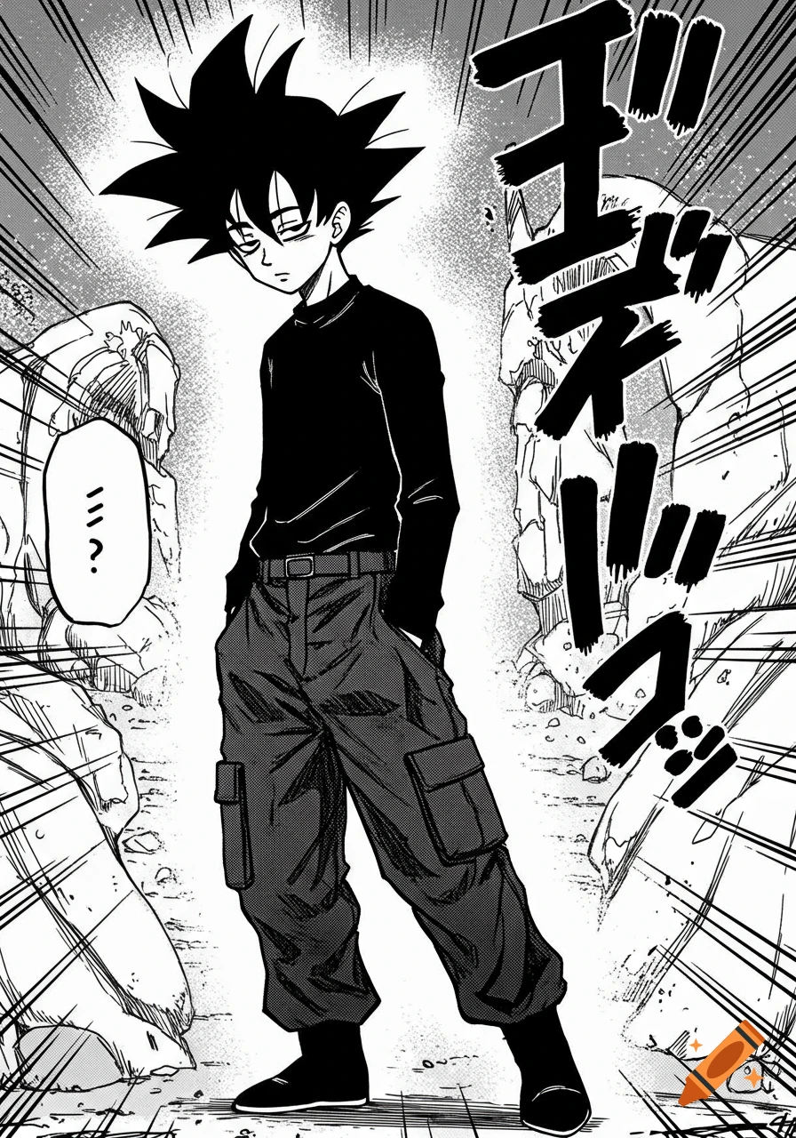 Black and white manga panel of a character with spiky hair wearing black cargo pants standing in a rocky area.