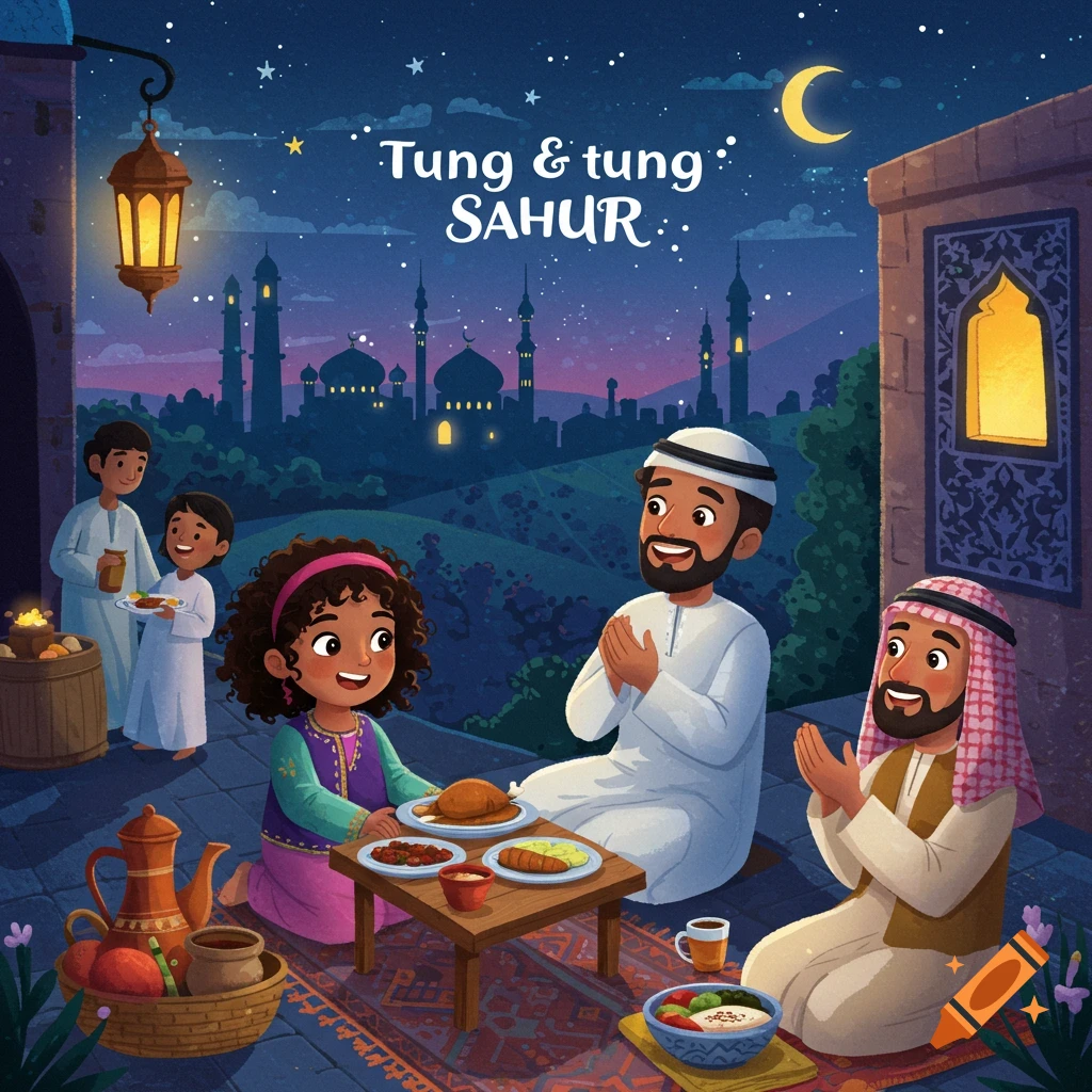 Illustration of a family having a meal outside at night, with a mosque skyline in the background.