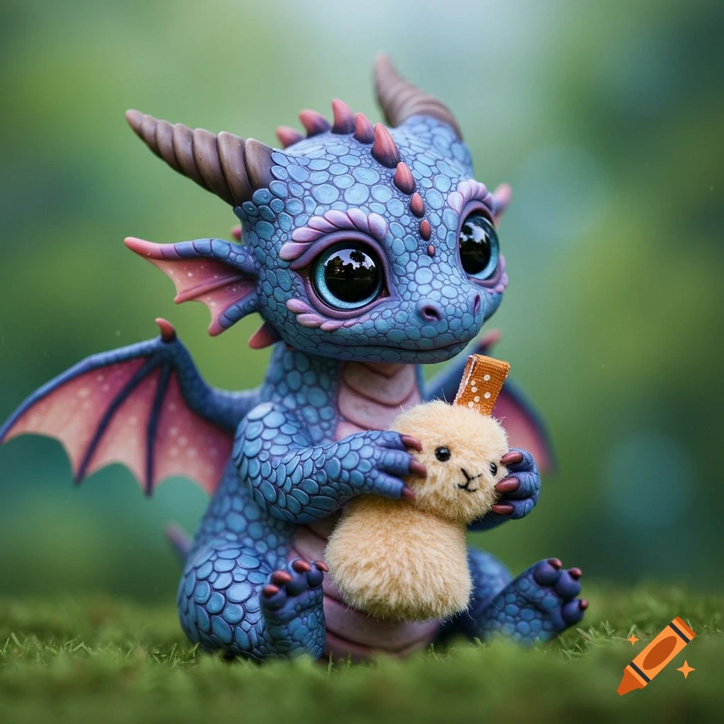 A cute blue and purple baby dragon sits in green grass, holding a fluffy light brown creature.