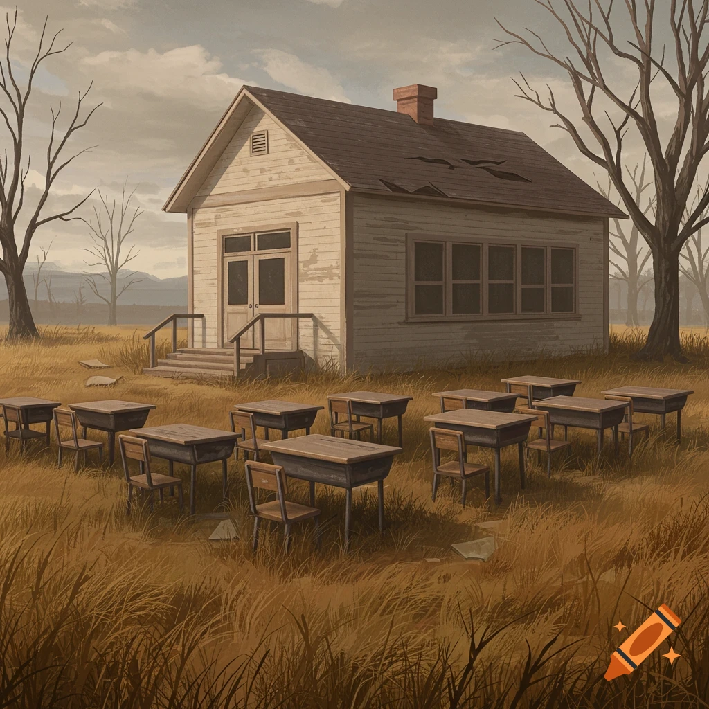 An old schoolhouse stands in a field with empty desks and chairs outside under a gloomy sky.