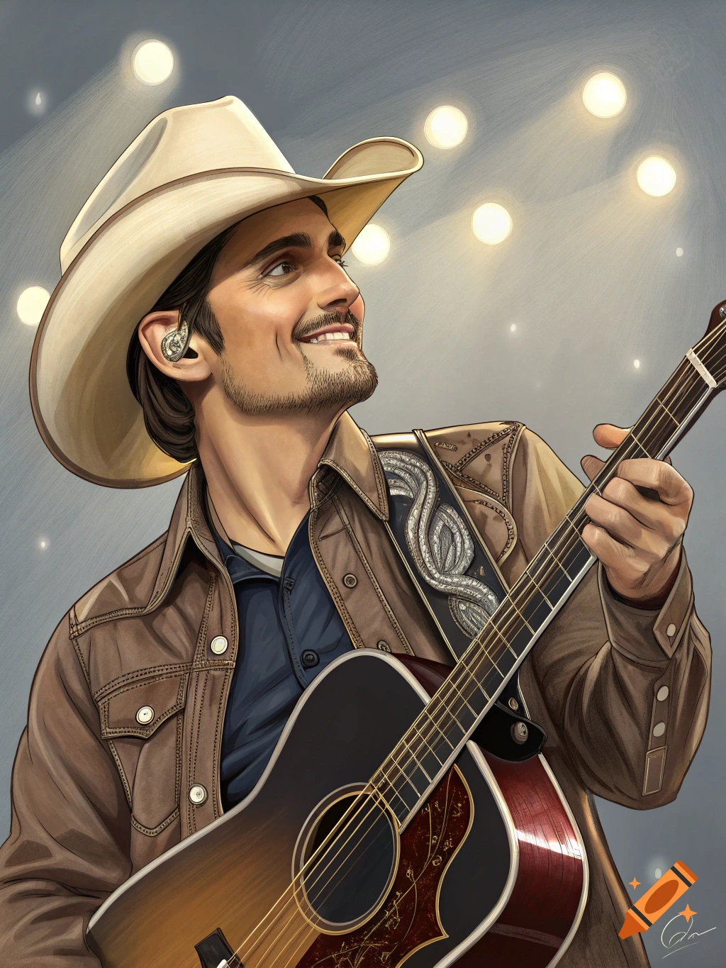 An illustration of a man in a cowboy hat playing an acoustic guitar under lights.