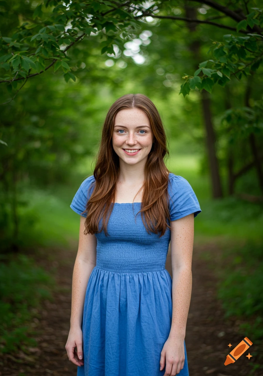 A smiling young woman in a blue dress stands in a forest pathway. Photorealistic style.