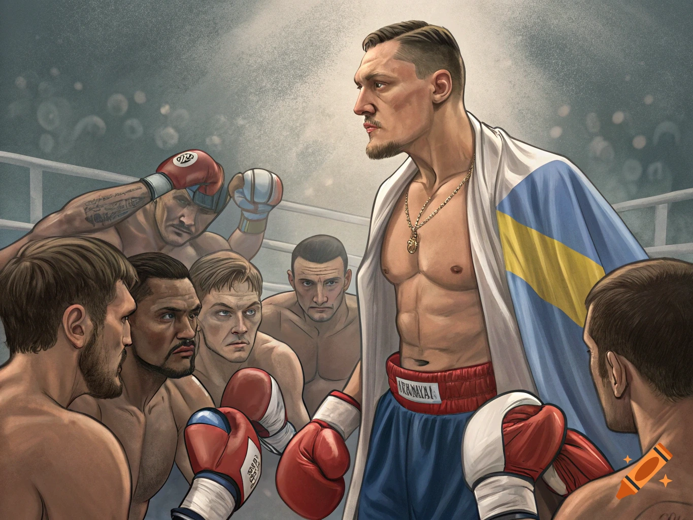 An illustration of boxers surrounding a central figure wearing a robe in a boxing ring.