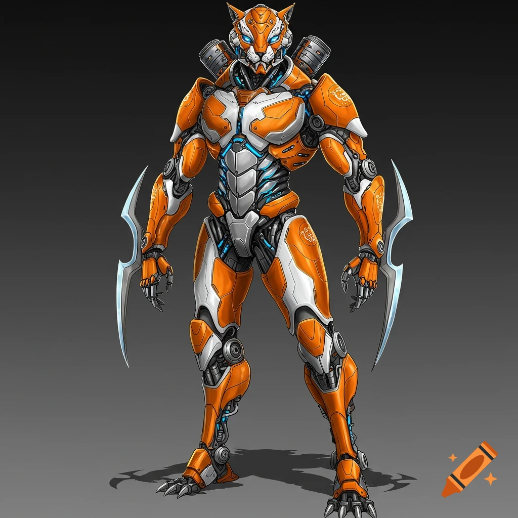 Full body illustration of an orange and white biomechanical tiger robot character with bladed forearms.