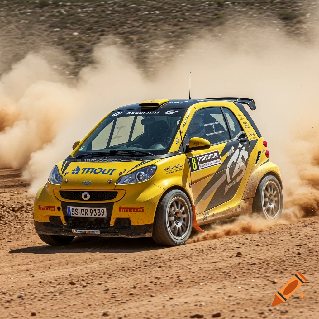 A yellow Smart car rally racing on a dirt track, kicking up dust.