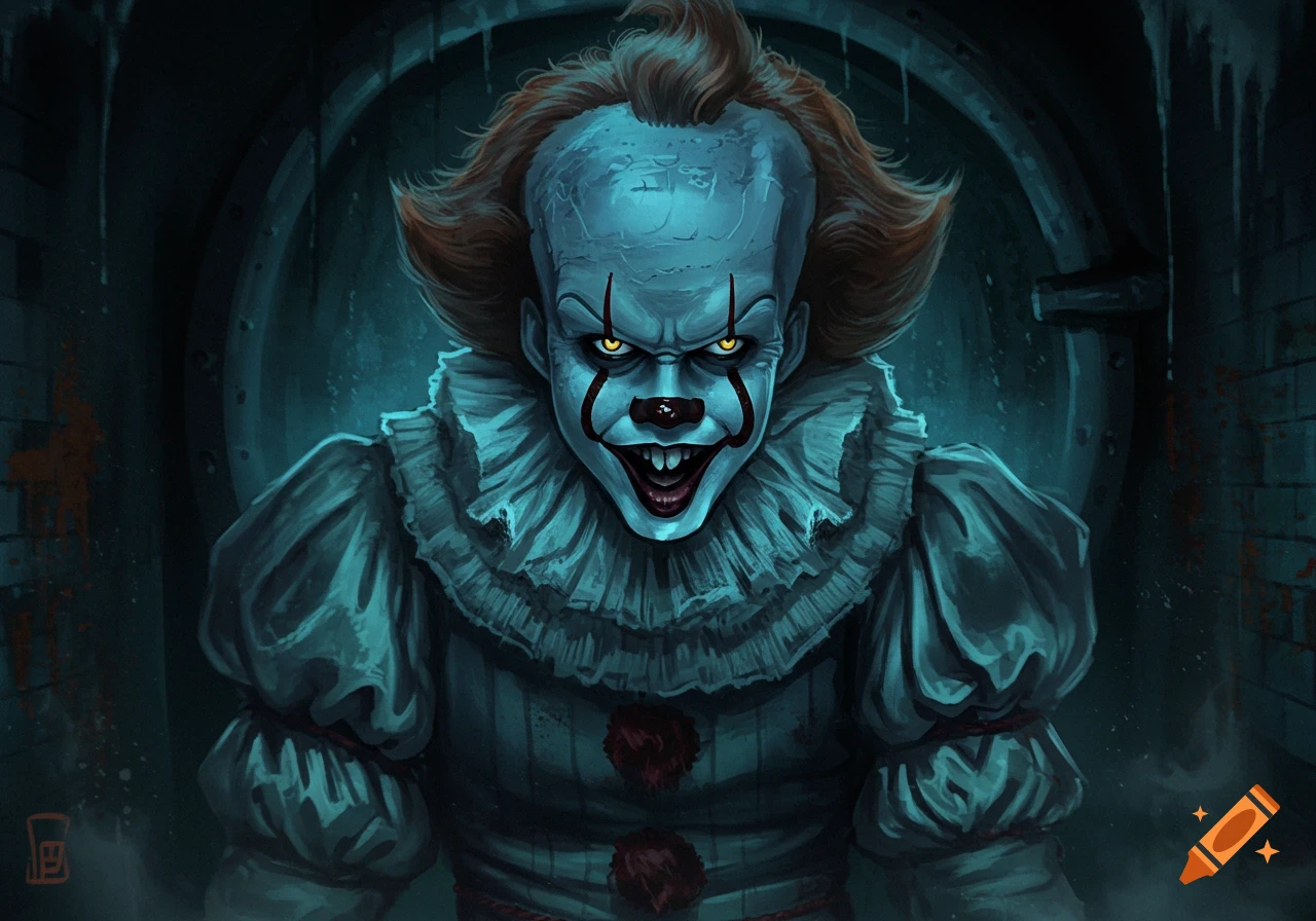 Pennywise the clown with sharp teeth and glowing eyes in a dark, sewer-like setting.