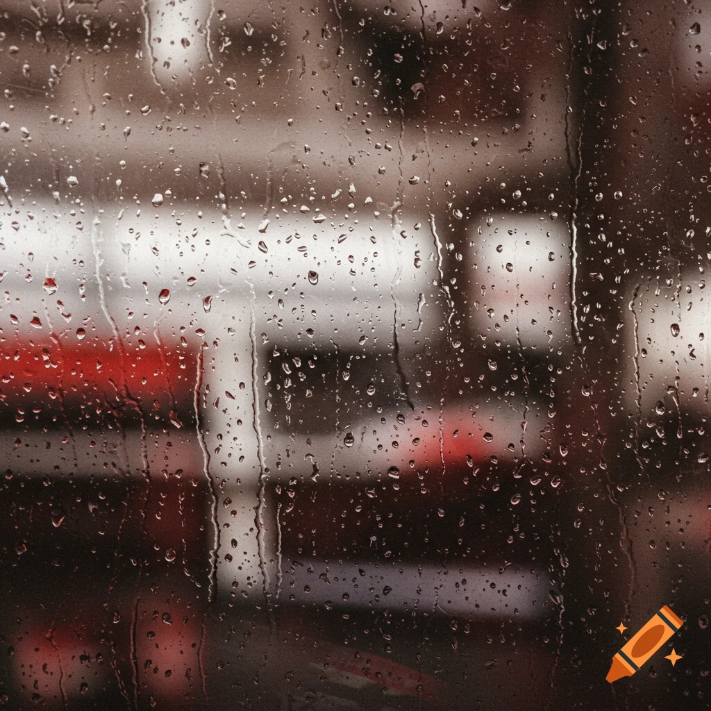 Abstract, blurry view through a rain-streaked window with red, white, and gray shapes.