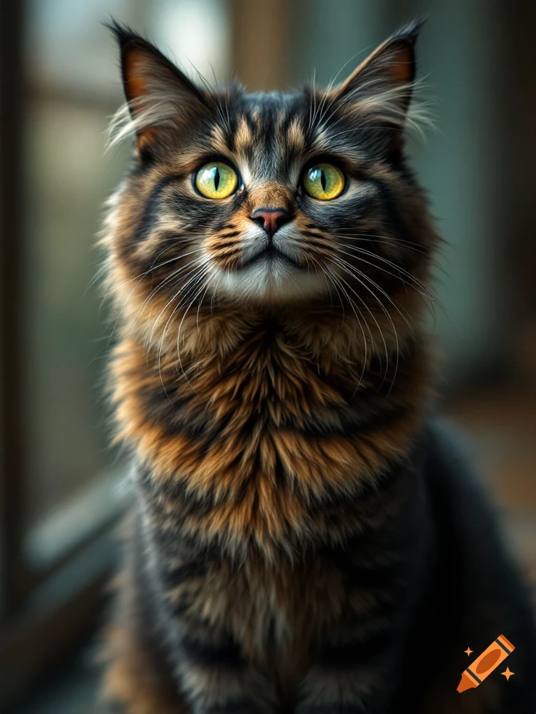 Close-up portrait of a long-haired tabby cat with bright yellow eyes looking up.