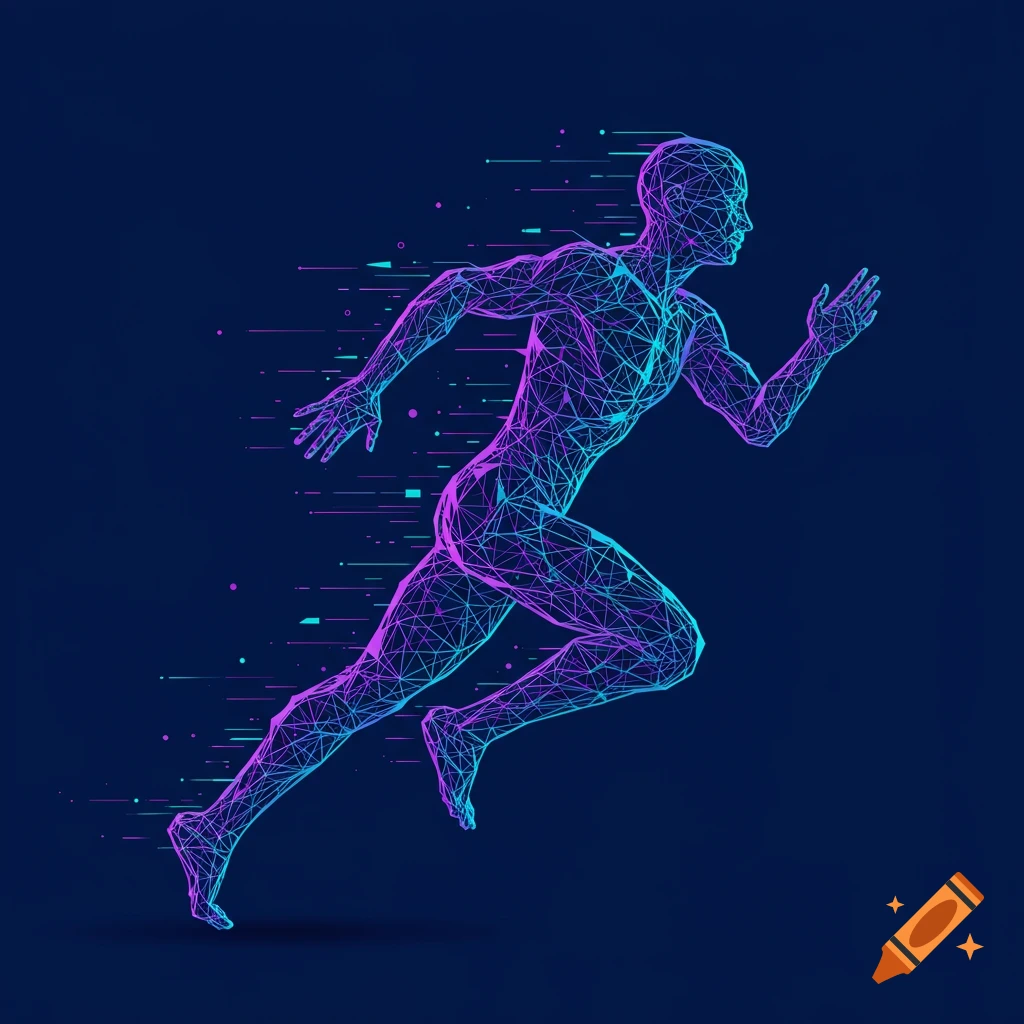 Digital illustration of a running wireframe human figure glowing in neon colors against a dark background.