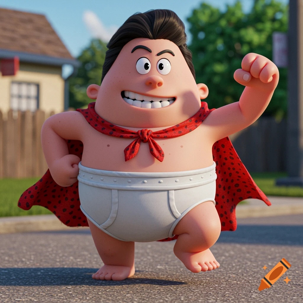 Captain Underpants charges forward on a street, wearing his cape and briefs, in a 3D rendered style.