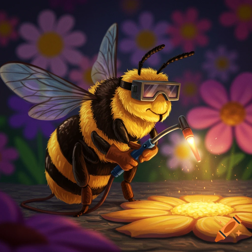 A cartoon bee wearing goggles and gloves welds a flower with a torch.