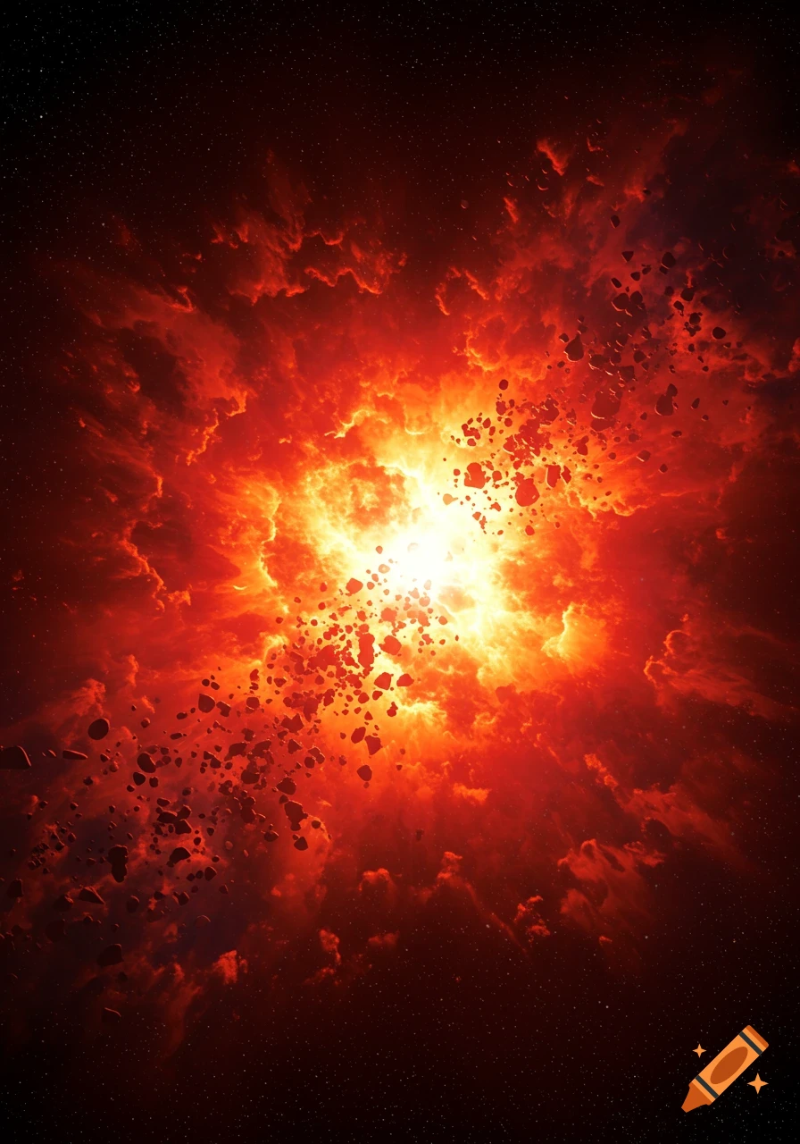 A star explodes in space, surrounded by fiery clouds and debris.