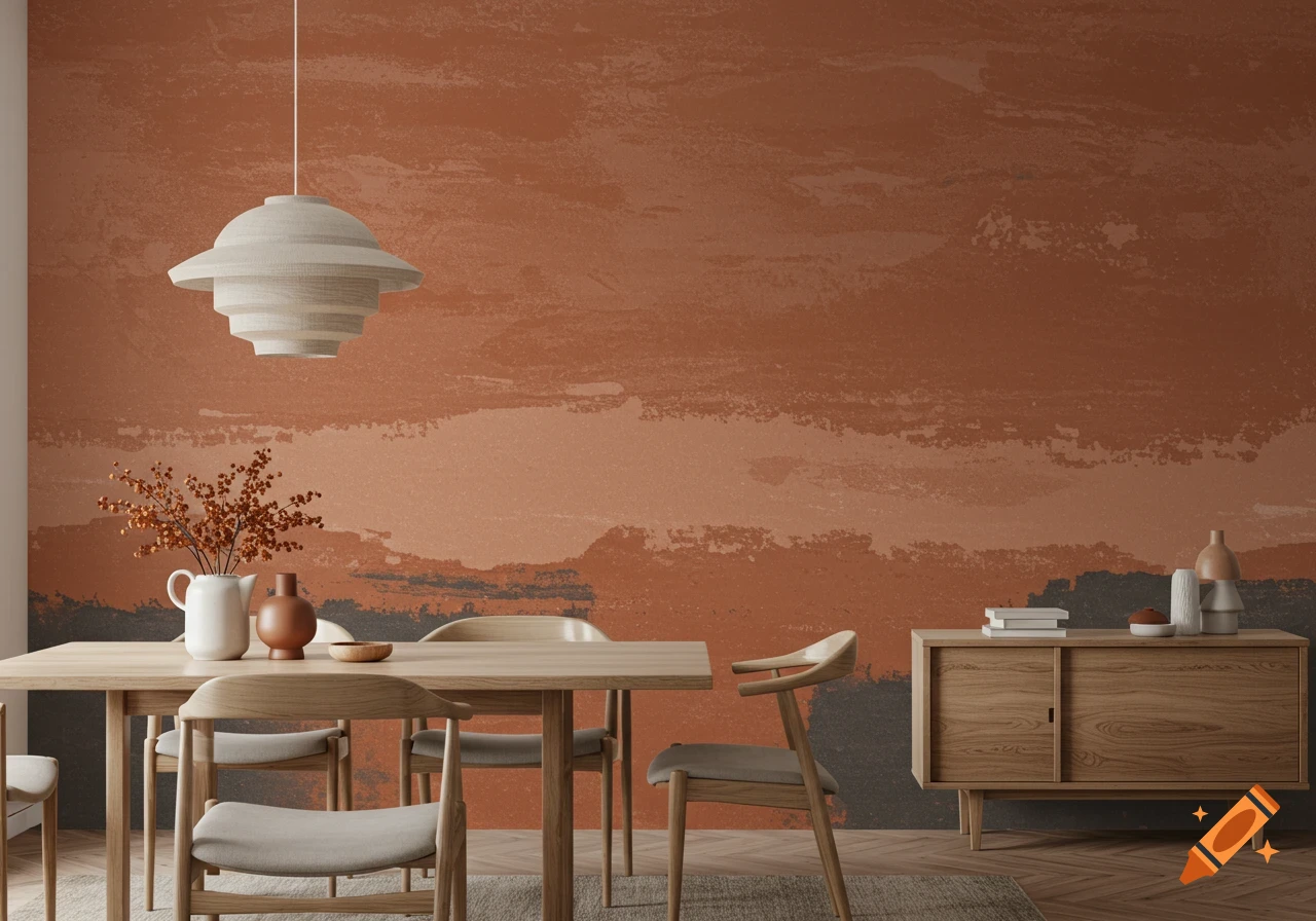 A dining room with a table, chairs, sideboard, and a wall with abstract terracotta and grey art.