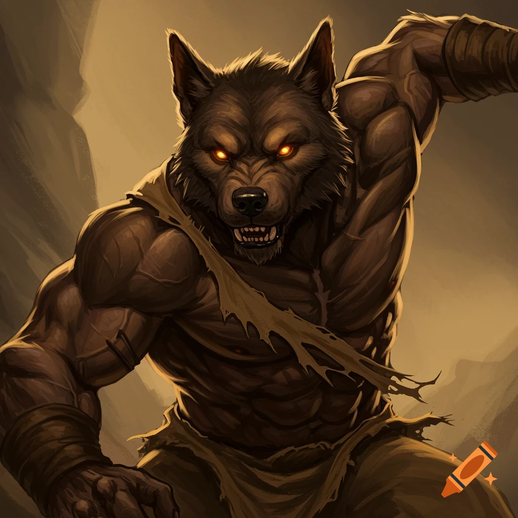 A muscular wolf-like creature in torn clothes, dynamic pose.