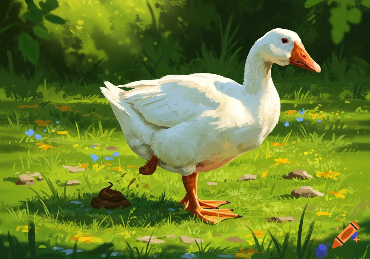 A white goose defecating onto green grass with small yellow and blue flowers. The image has a painterly style.