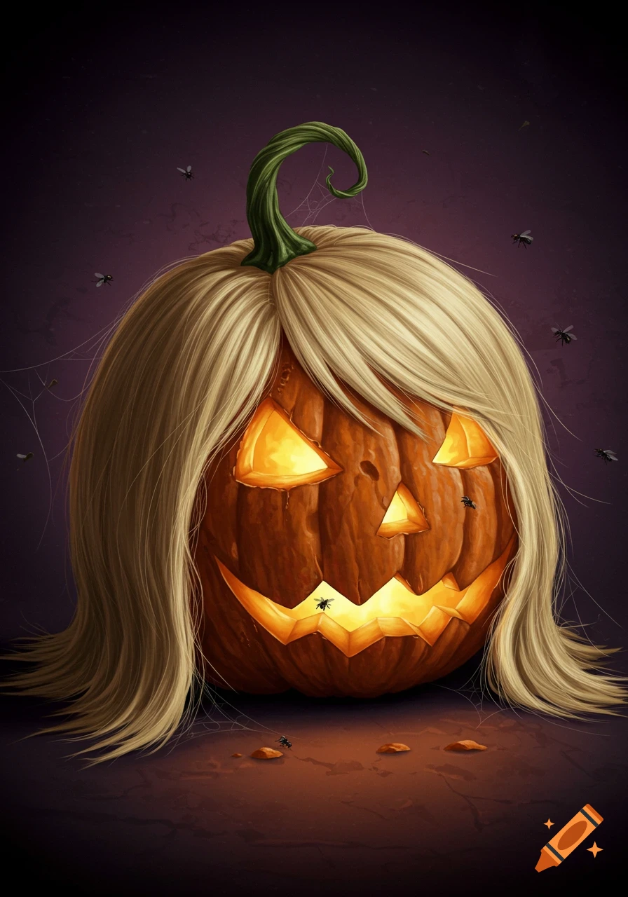 Carved Halloween pumpkin with blonde wig, illuminated eyes, flies, and spiderwebs.