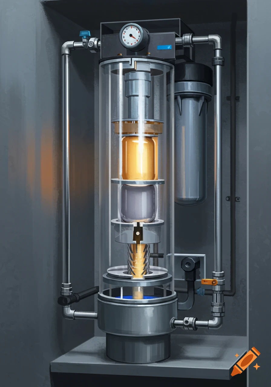 A complex water filter system with transparent sections.