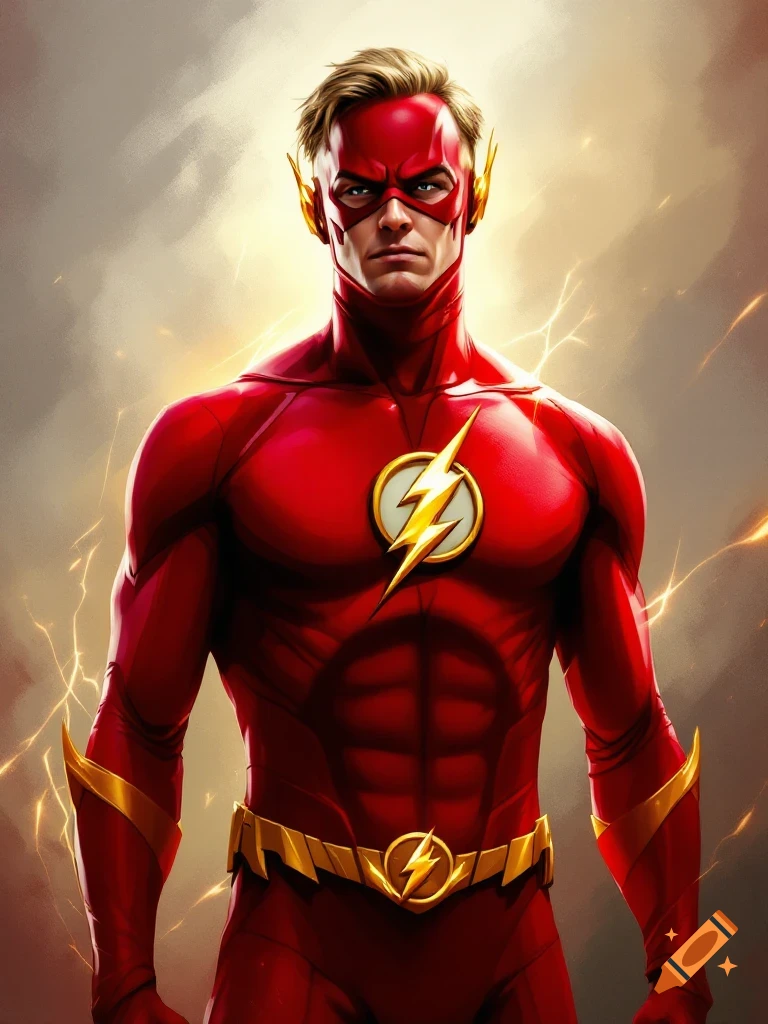 A digital painting of a man dressed as the superhero The Flash, standing with lightning effects.
