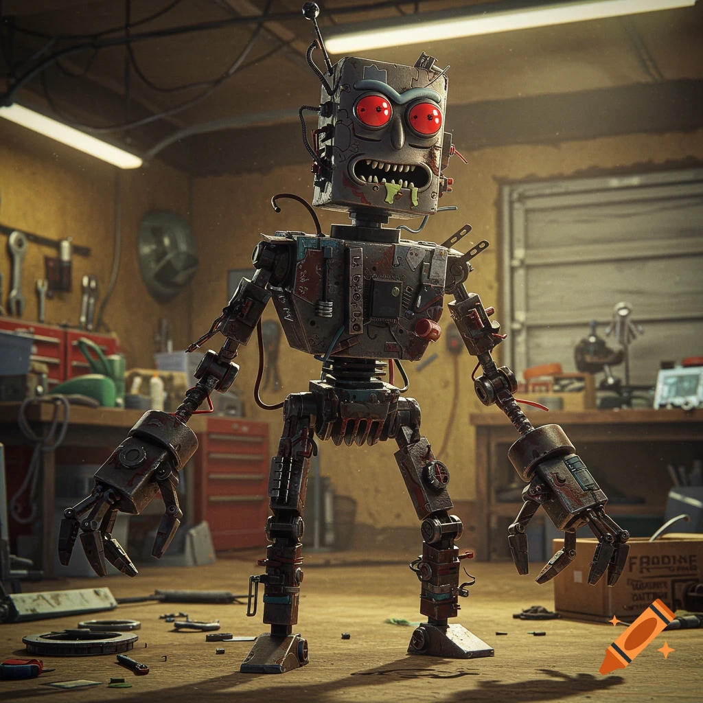A scrap metal robot with large red eyes and green drool stands in a messy workshop.