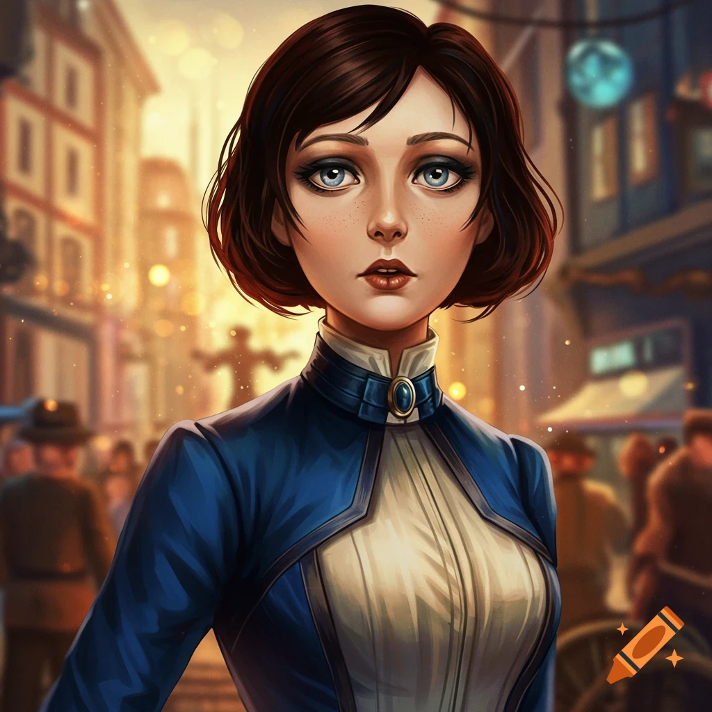 A woman with short brown hair and blue eyes in a blue jacket, standing in a city street.