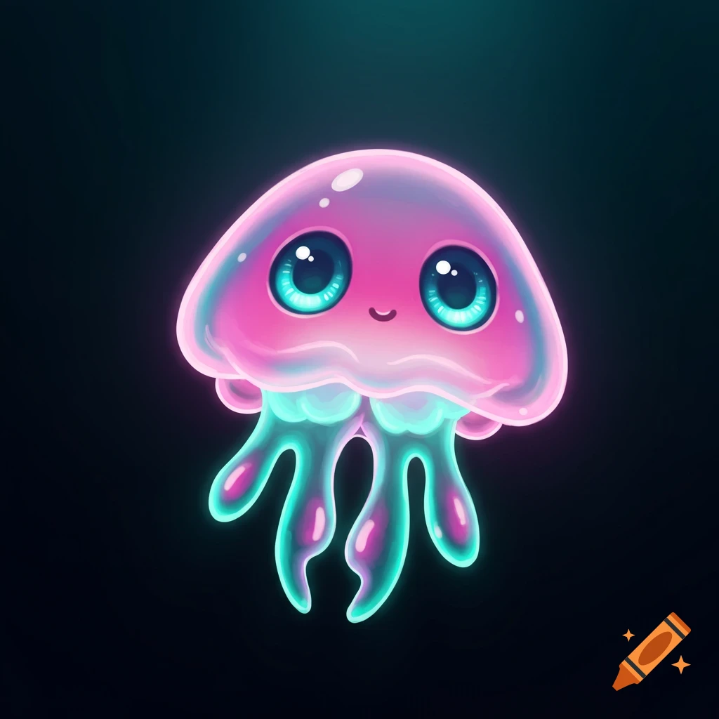 Cartoon jellyfish with big eyes glowing pink and blue on dark background