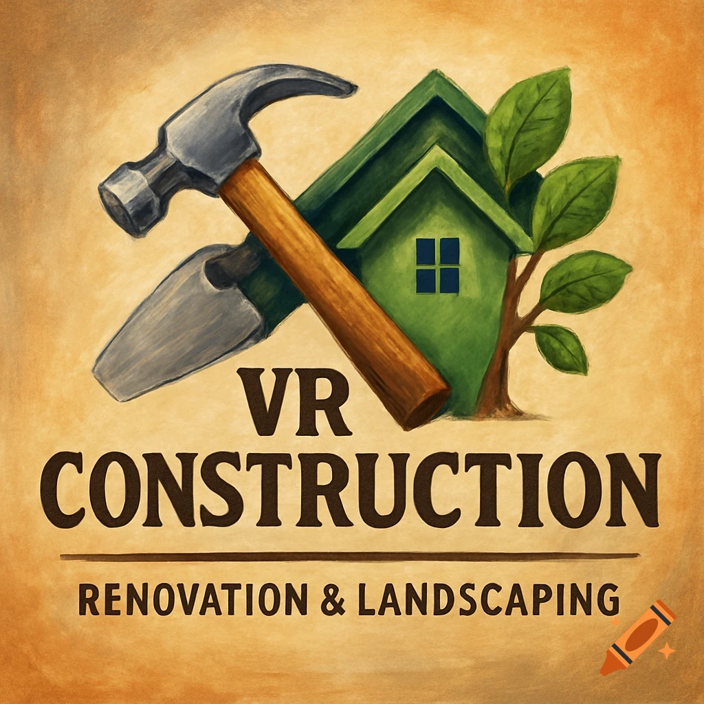 Logo with crossed hammer and trowel, a green house, tree, and text 'VR CONSTRUCTION RENOVATION & LANDSCAPING' in a painted style.