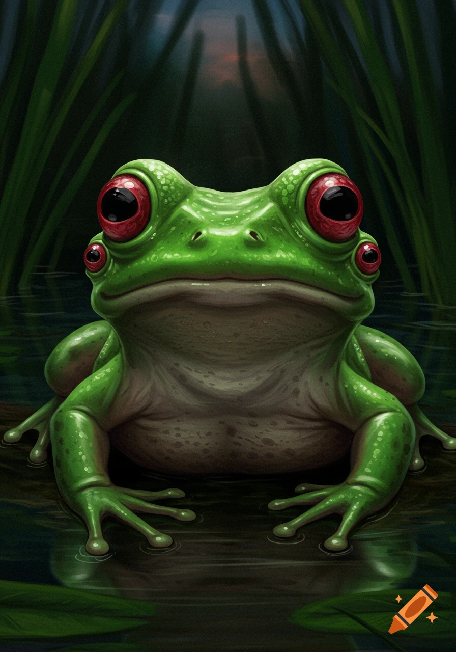 A digital painting of a green frog with multiple red eyes sitting in a marsh.