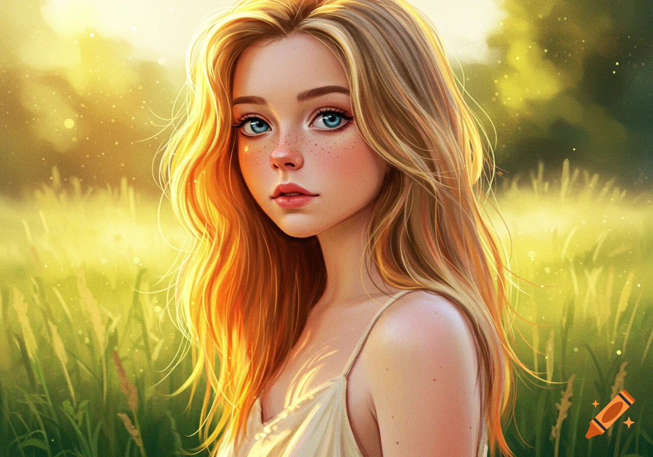 Illustration of a young woman with long blonde hair and blue eyes standing in a sunny field.