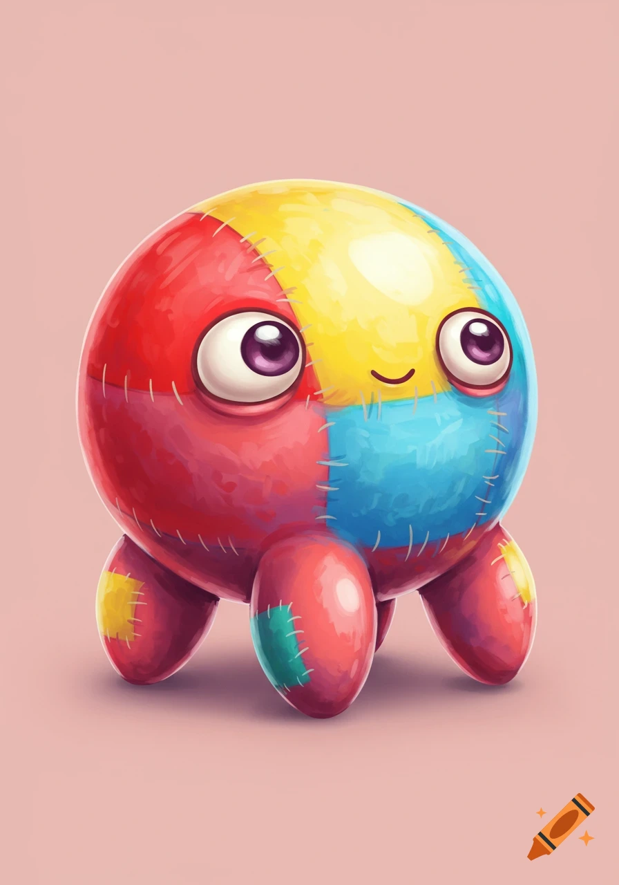 A cute, round plush toy creature made of red, yellow, and blue fabric patches, with big eyes and four legs, digitally painted on a pink background.
