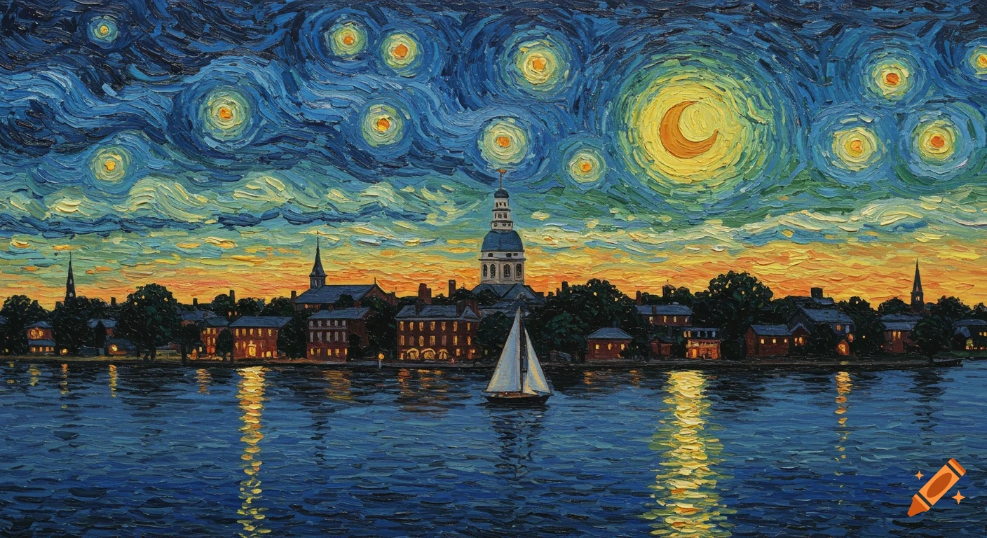 Van Gogh style painting of Annapolis skyline with a sailboat under a starry night sky.