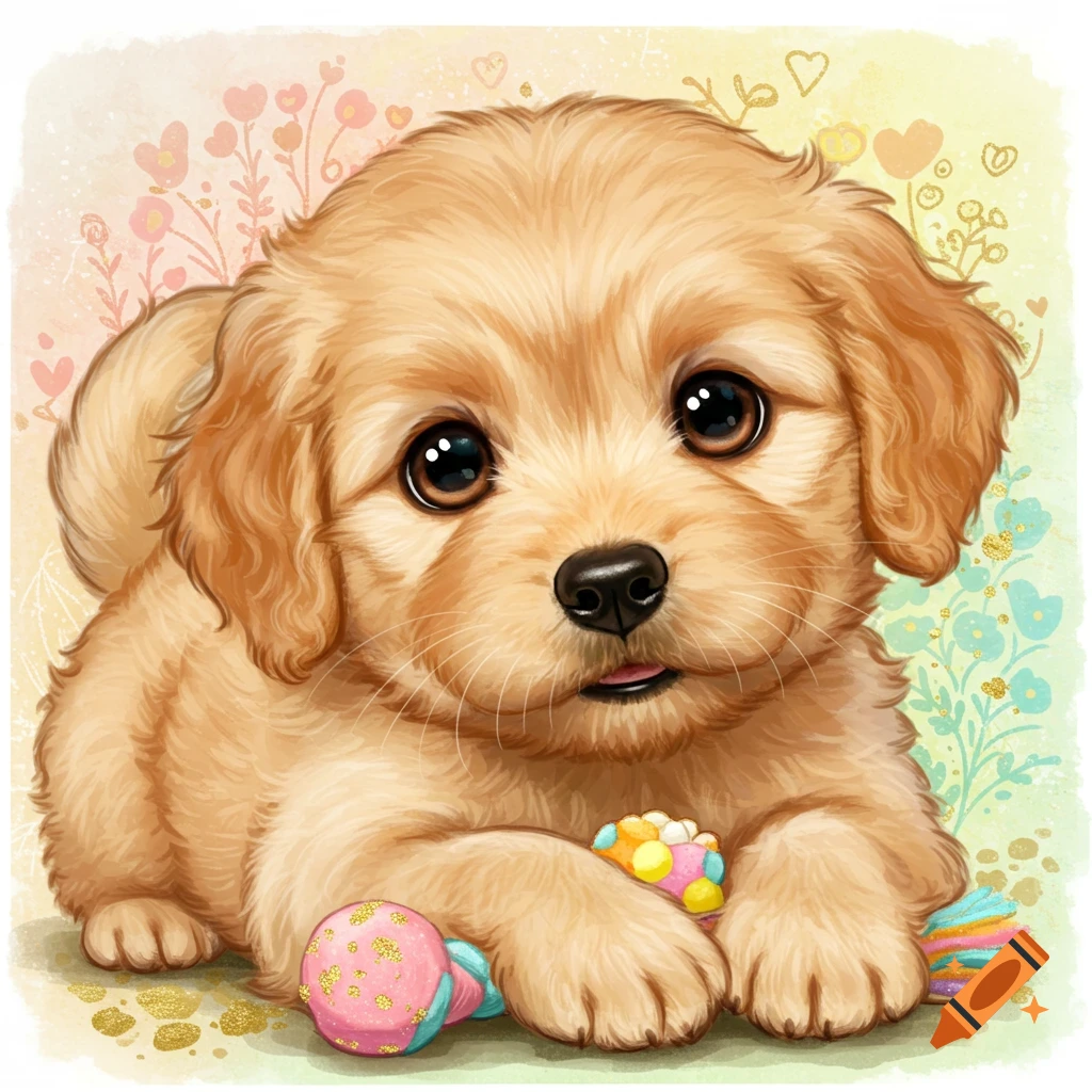 Cute watercolor painting of a golden retriever puppy lying with toys