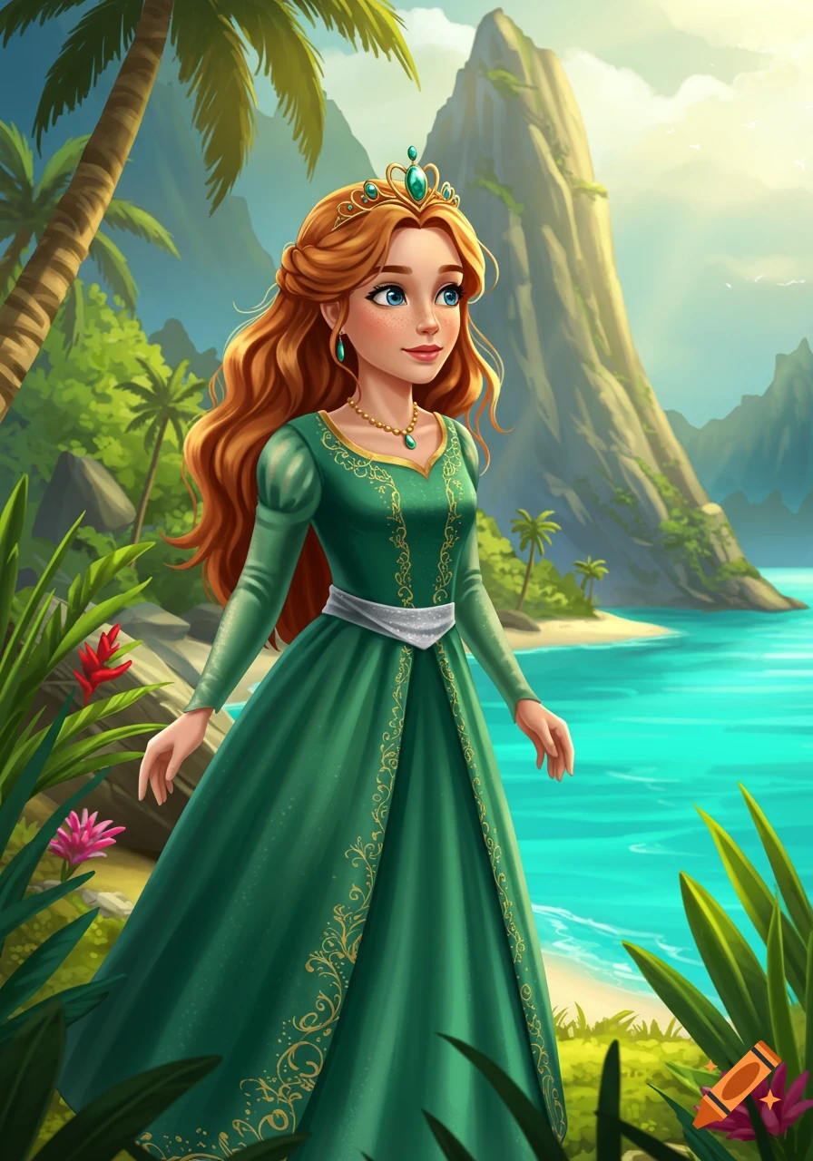 A fantasy princess in a green dress stands on a tropical island beach with palm trees and mountains, digital art.