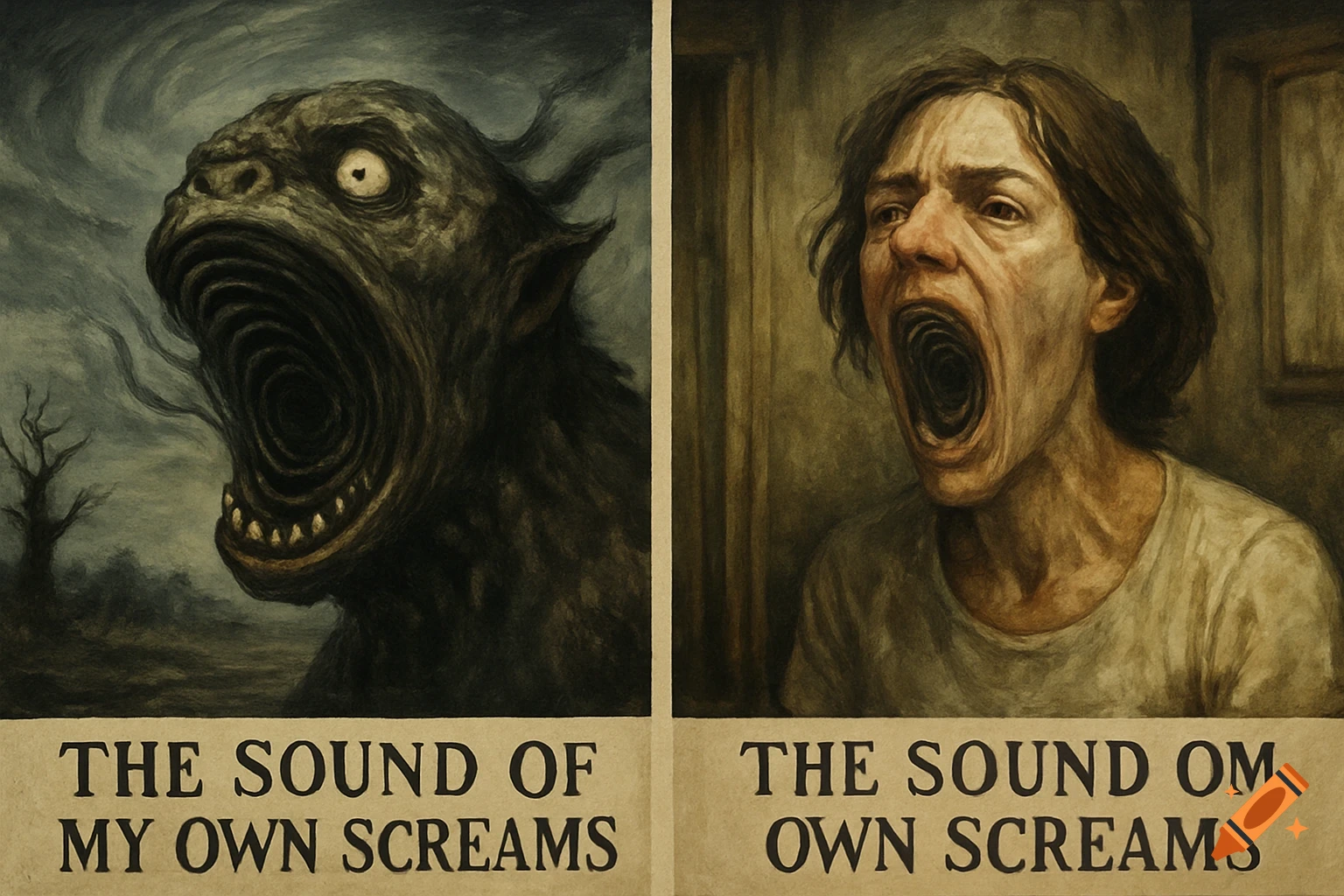 Two panels showing screaming figures: a monster and a person. Text below says "The sound of my own screams".
