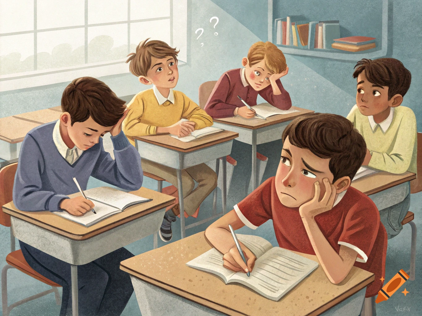 Illustration of young boys sitting at desks in a classroom, looking thoughtful or bored