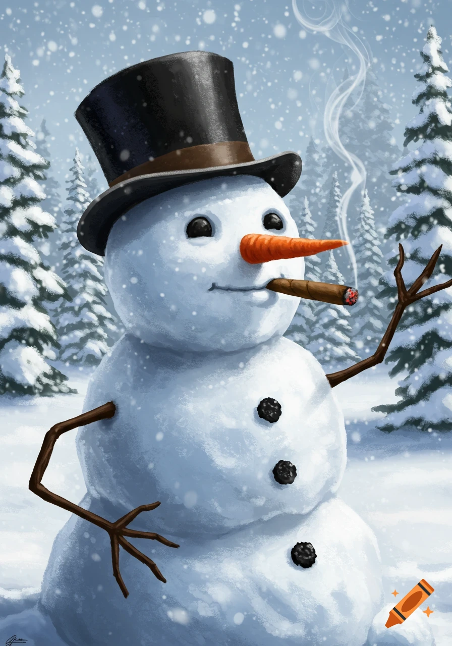 A snowman wearing a top hat and smoking a cigar stands in a snowy forest