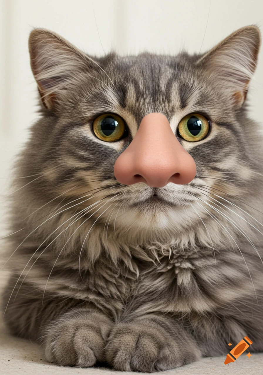 Close-up photograph of a tabby cat with a large human nose on its face.