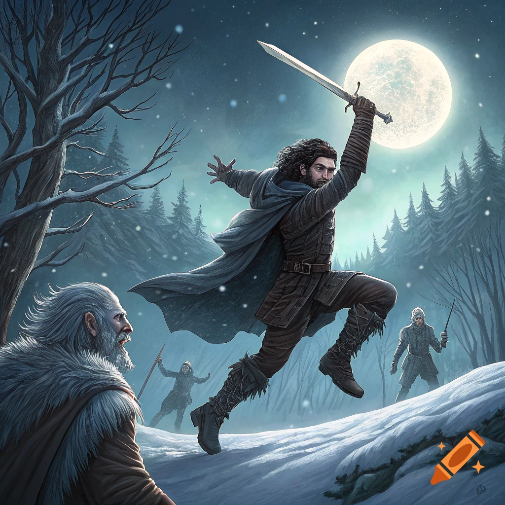 Fantasy illustration of a man leaping with a sword in a snowy forest battle under a full moon.