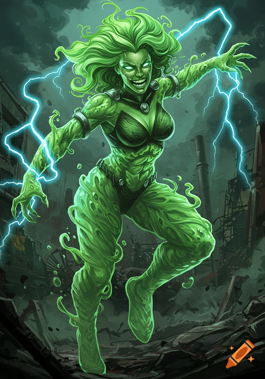 A green, glowing supervillain made of gas, in a ruined city.