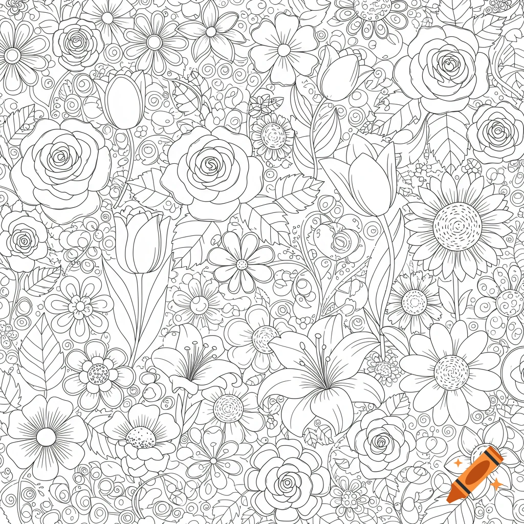 Black and white line art coloring page featuring a dense pattern of various flowers like roses, tulips, and sunflowers.