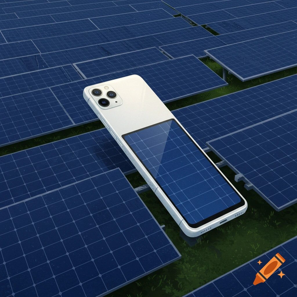 A white smartphone lying on blue solar panels