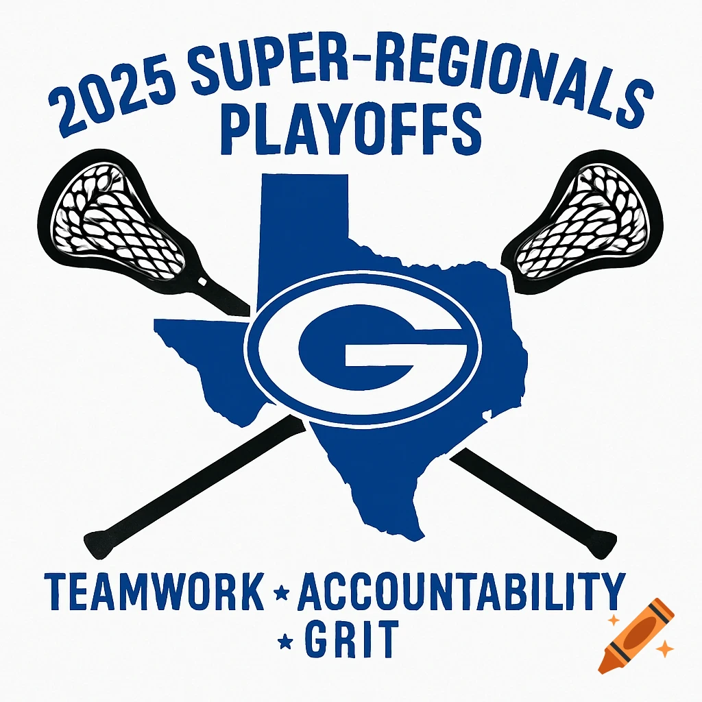 Logo for 2025 Super-Regionals Playoffs with Texas outline, crossed lacrosse sticks, and G logo.