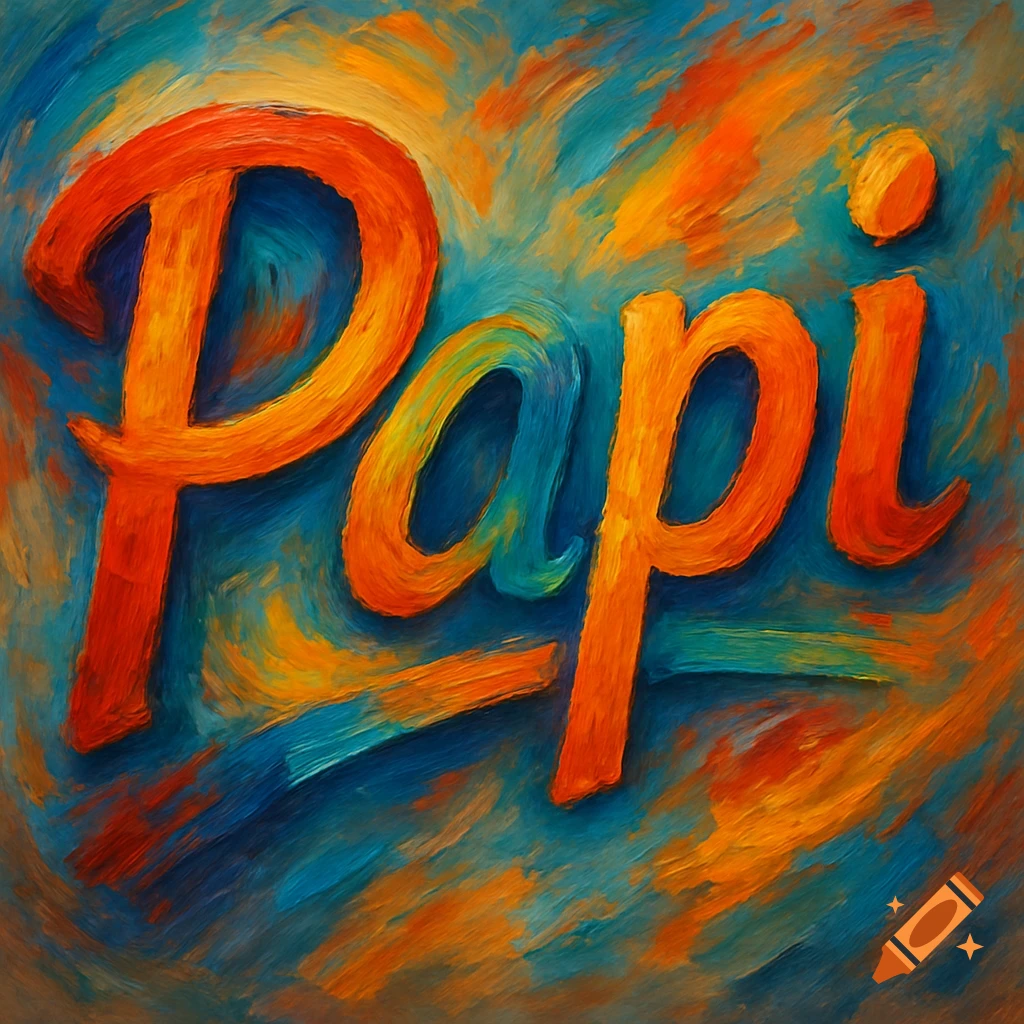 The word Papi in orange painterly text on a blue background