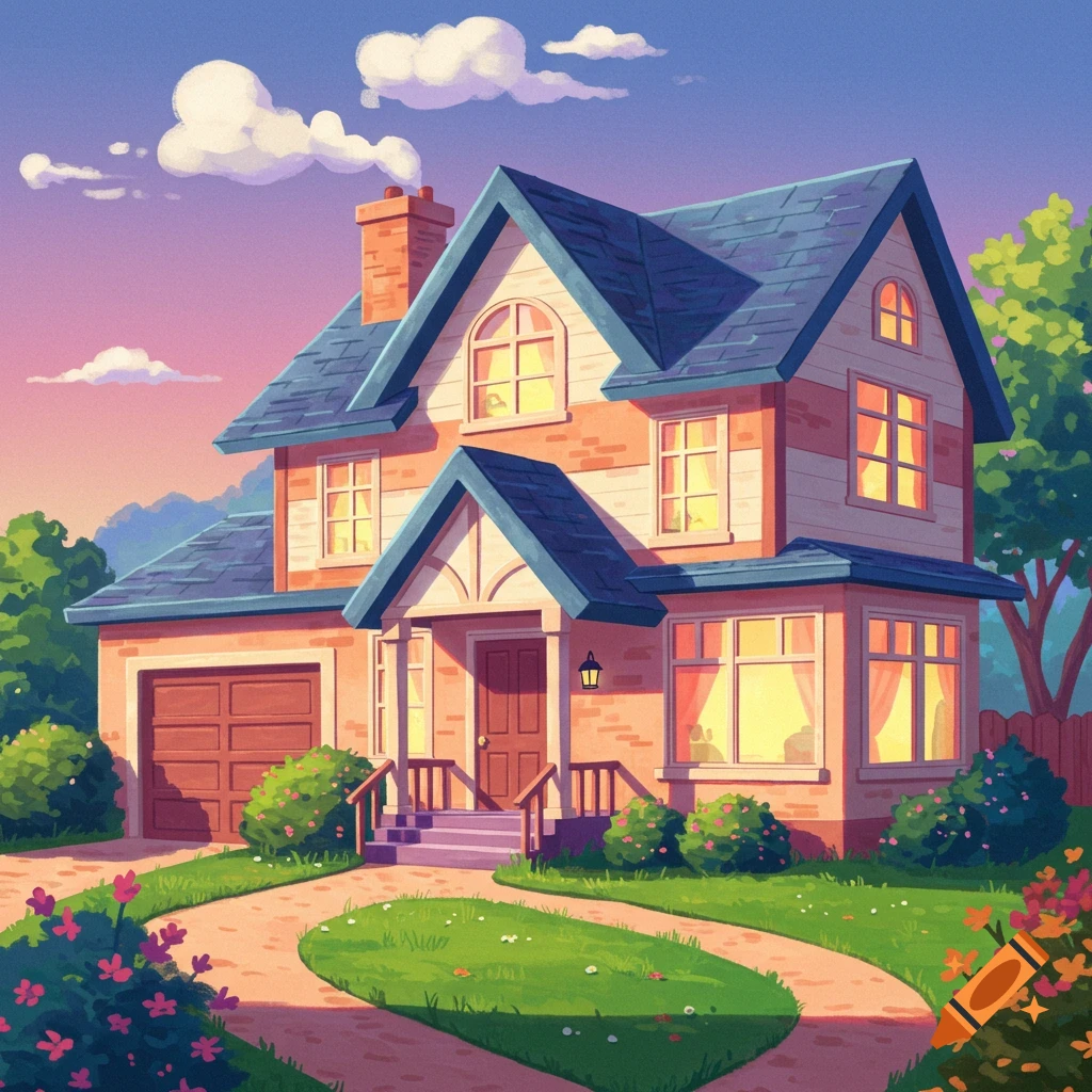 A two-story suburban house with a driveway, lawn, and garden under a sunset sky.