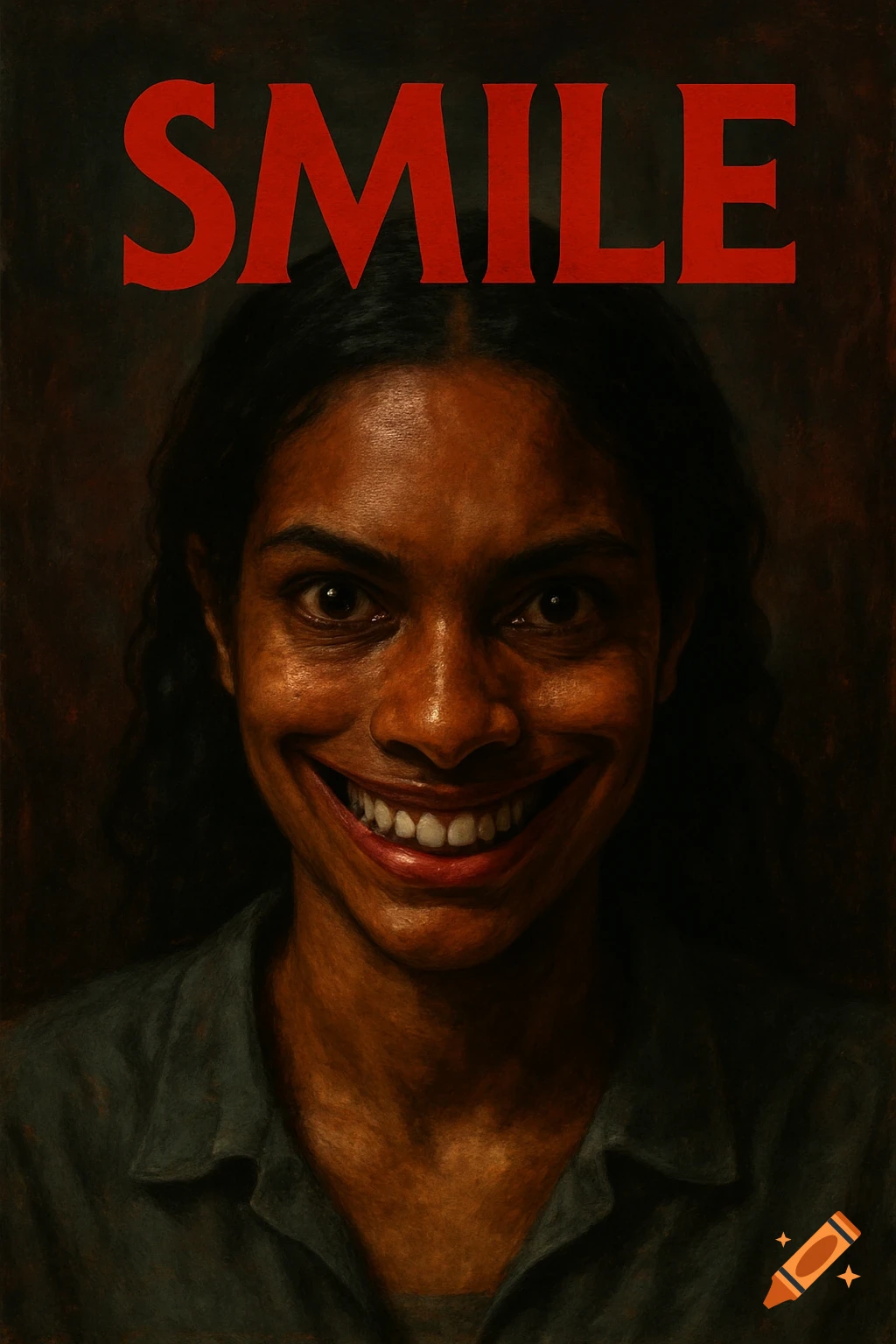 A digital painting of a person with a wide, creepy smile under the red title 'SMILE'.