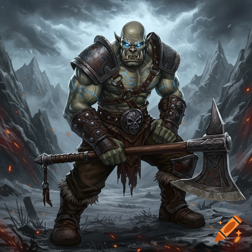 Orc barbarian holding a greataxe in a mountainous landscape under cloudy skies.