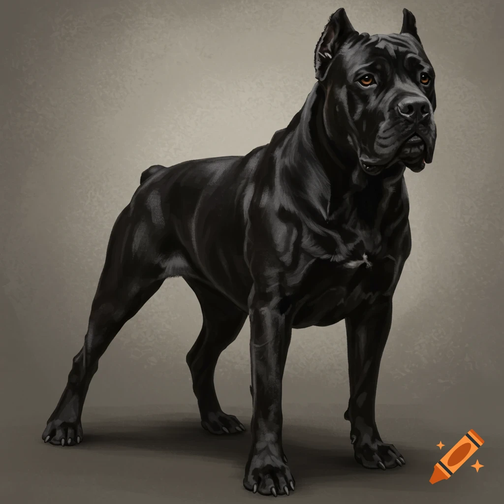 Digital painting of a muscular black dog standing