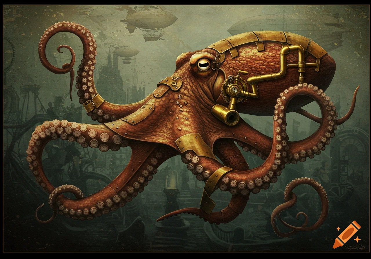 Steampunk octopus with brass details floats over a city with airships.