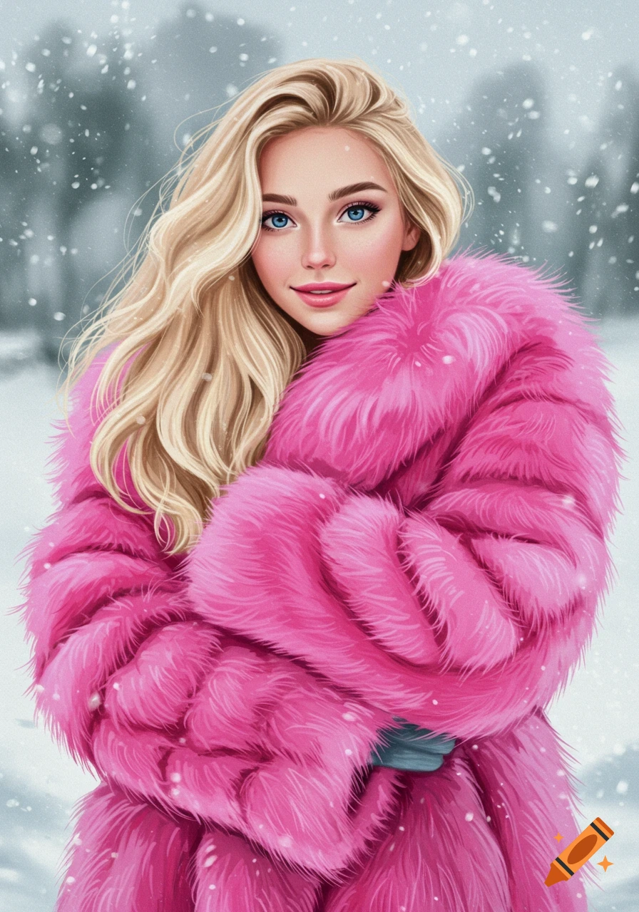 A blonde woman wears a bright pink fur coat in a snowy setting.