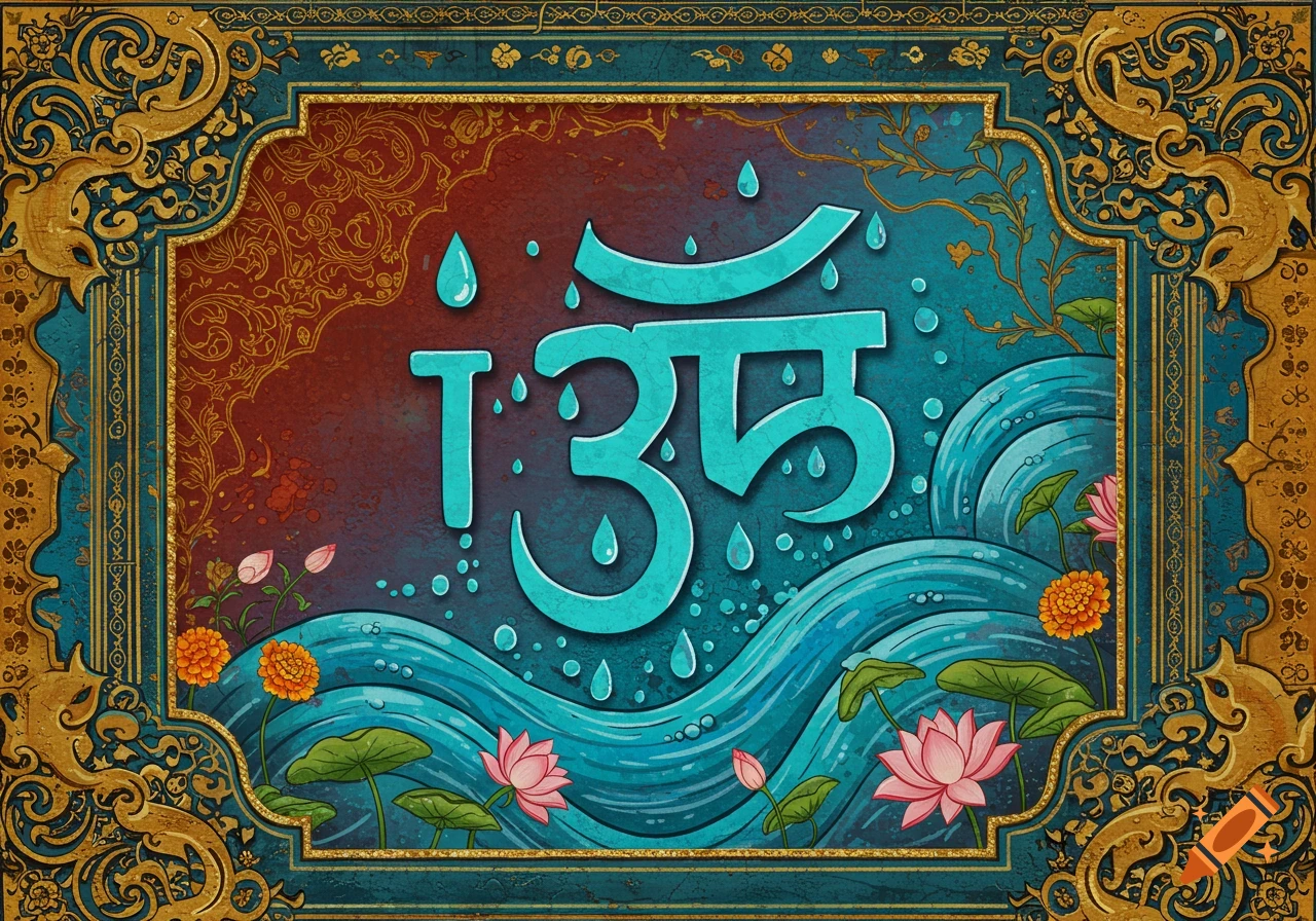 A stylized Indian symbol Ik Onkar with water drops, waves, lotus flowers, and ornate border.